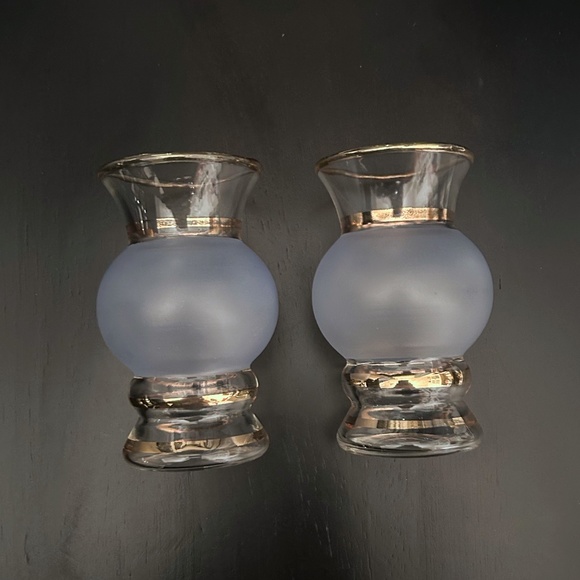 MCM 1953 Bartlett Collins 2 Frosted Blue Glass Vases Gold Bands Hand Crafted USA - Picture 2 of 10